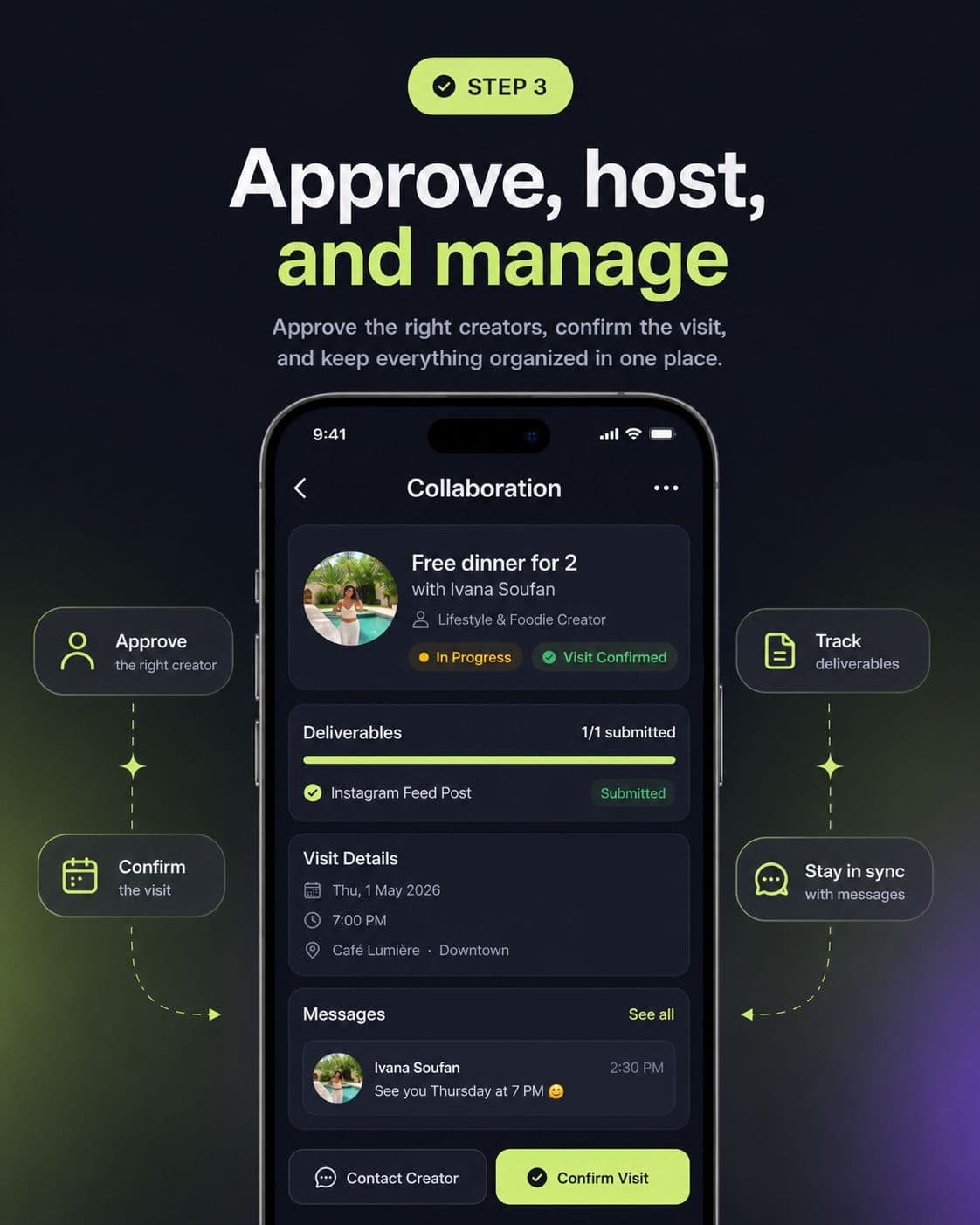 Step 3 — Approve, host, and manage. Approve the right creators, confirm the visit, and keep everything organized in one place.